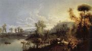 Manuel Barron Y Carrillo River Landscape with Figures and Cattle painting